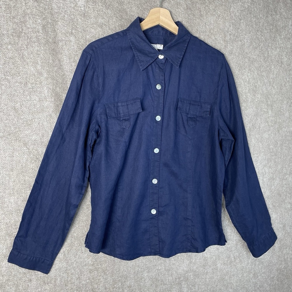 Carole Little Women's Navy Blue XL Button Up 100% Linen Long Sleeve Pockets